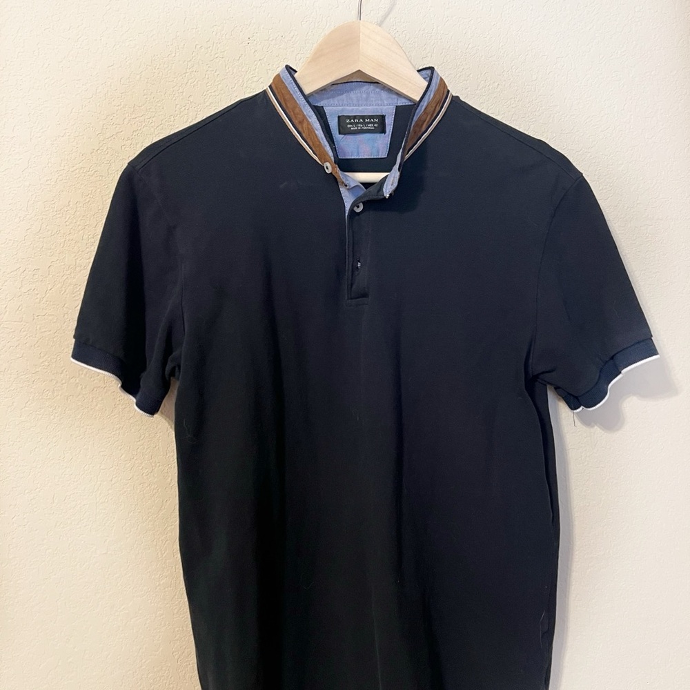 Zara Navy Collared Shirt with brown suede accents